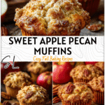 Freshly baked apple pecan muffins with a crumble topping on a rustic fall-themed background.